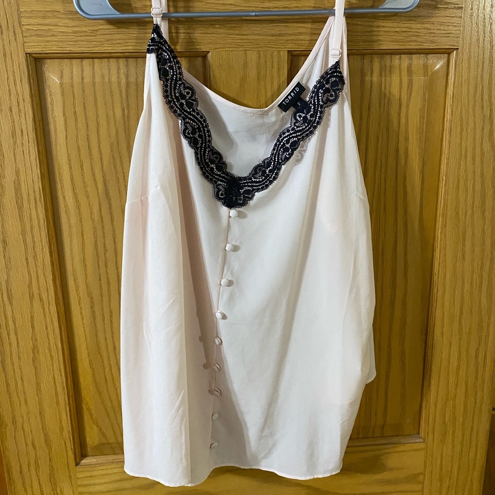 Torrid size 2, pink and black lace trimmed tank top